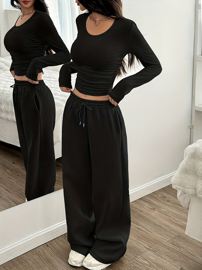 Oriented Elegant Ladies' Trousers Drawstring Pocket Design Solid Color Easy Versatile Sweatpants