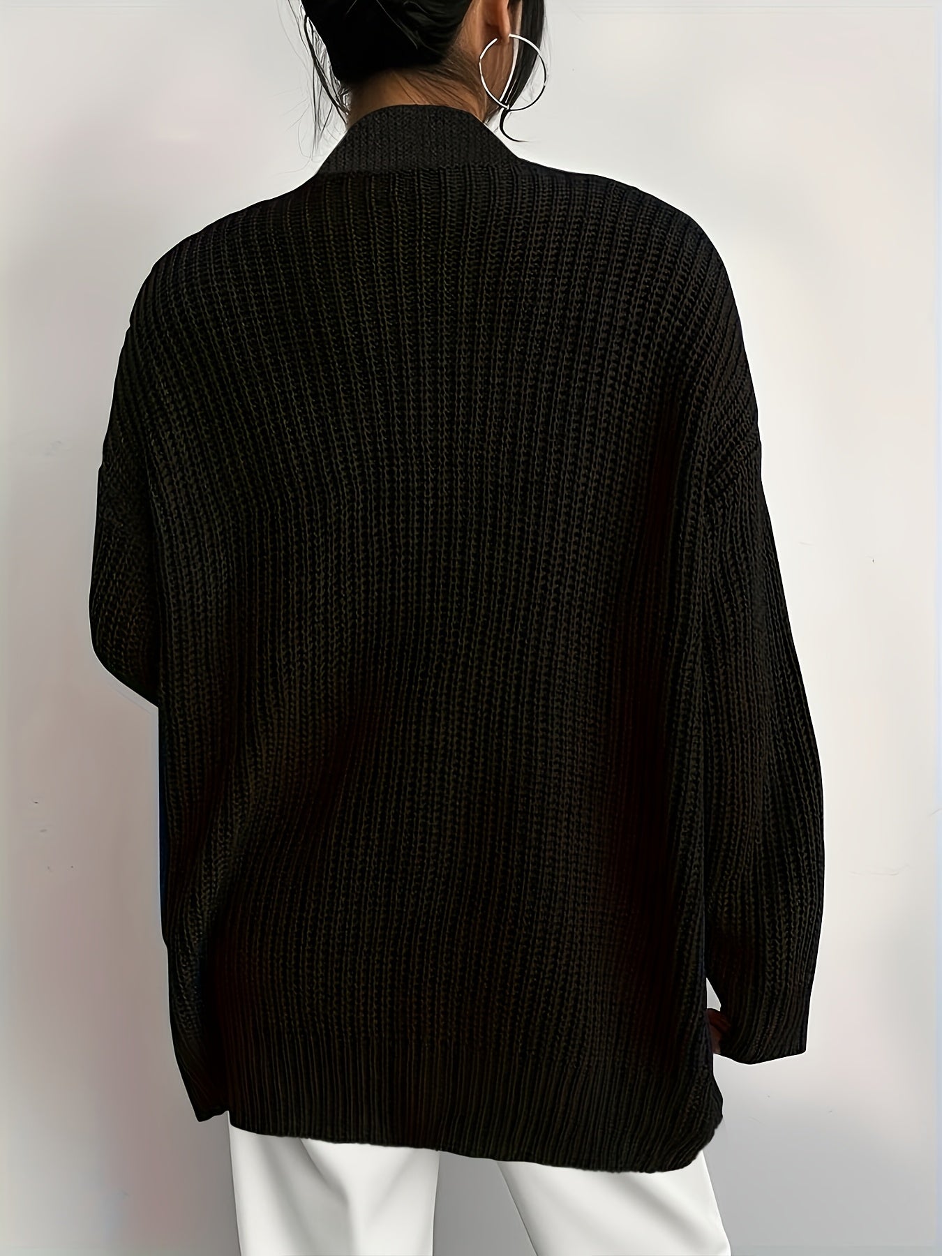 Comfortable Black Waffle Knit Cardigan for Women with Open Front Long Sleeve Relaxed Oversized Style