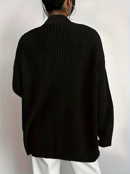 Comfortable Black Waffle Knit Cardigan for Women with Open Front Long Sleeve Relaxed Oversized Style
