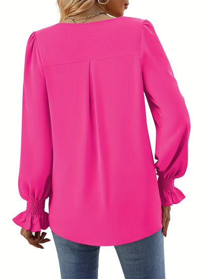 Elegant Pleated Blouse for Women with V Neck Balloon Sleeve Smocked Cuff Relaxed Style