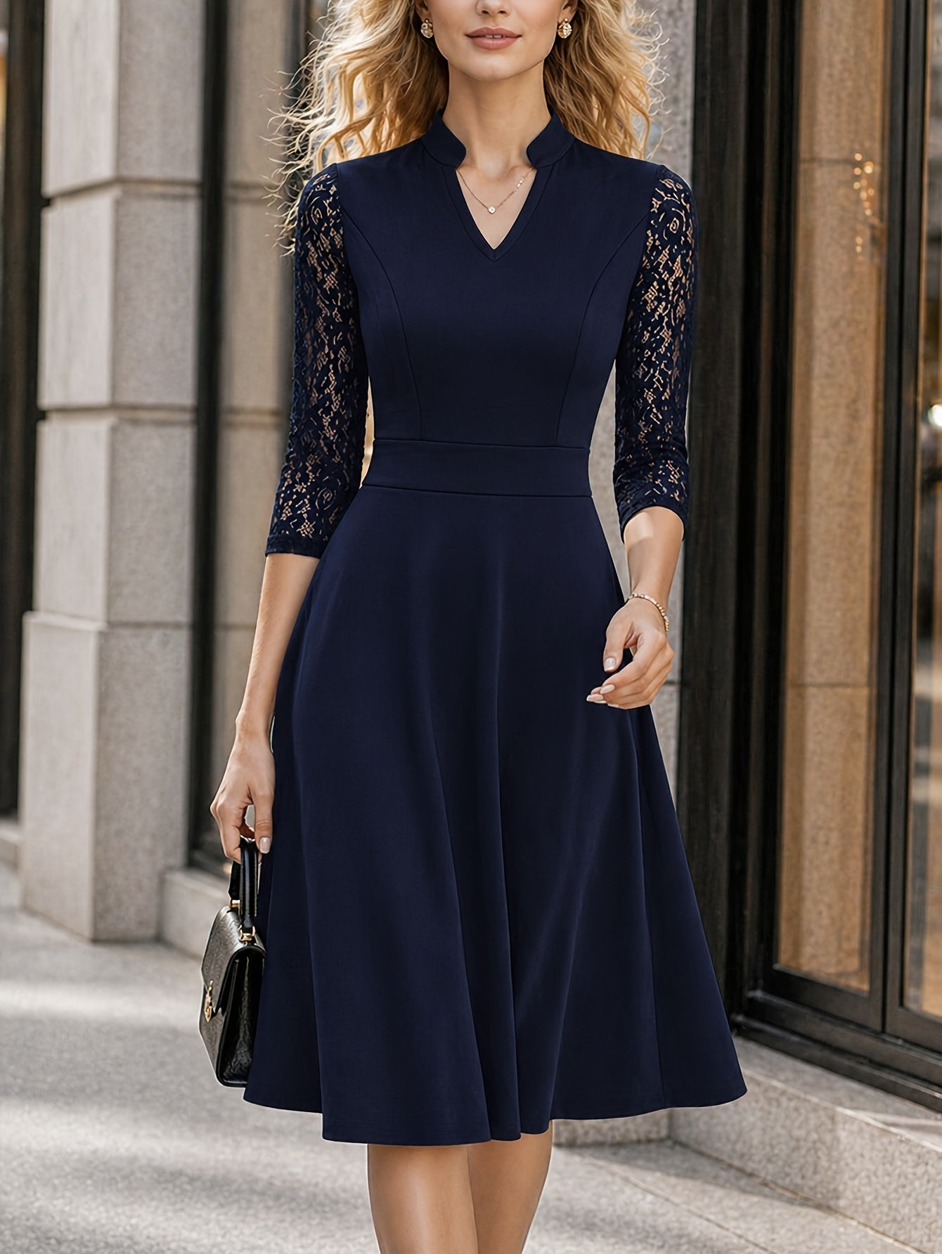 Elegant Lace Midi Dress for Women with Notch Neck Three Quarter Sleeve Fit and Flare Cocktail Style