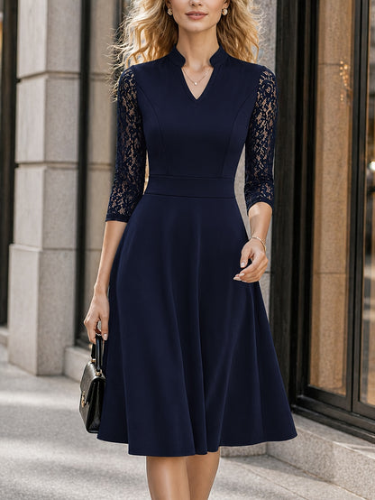 Elegant Lace Midi Dress for Women with Notch Neck Three Quarter Sleeve Fit and Flare Cocktail Style