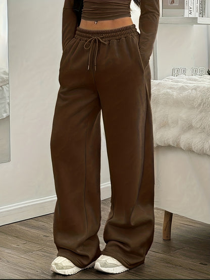 Effortless Coffee Brown Wide Leg Pants for Women with High Waist Drawstring Relaxed Flowing Casual Style