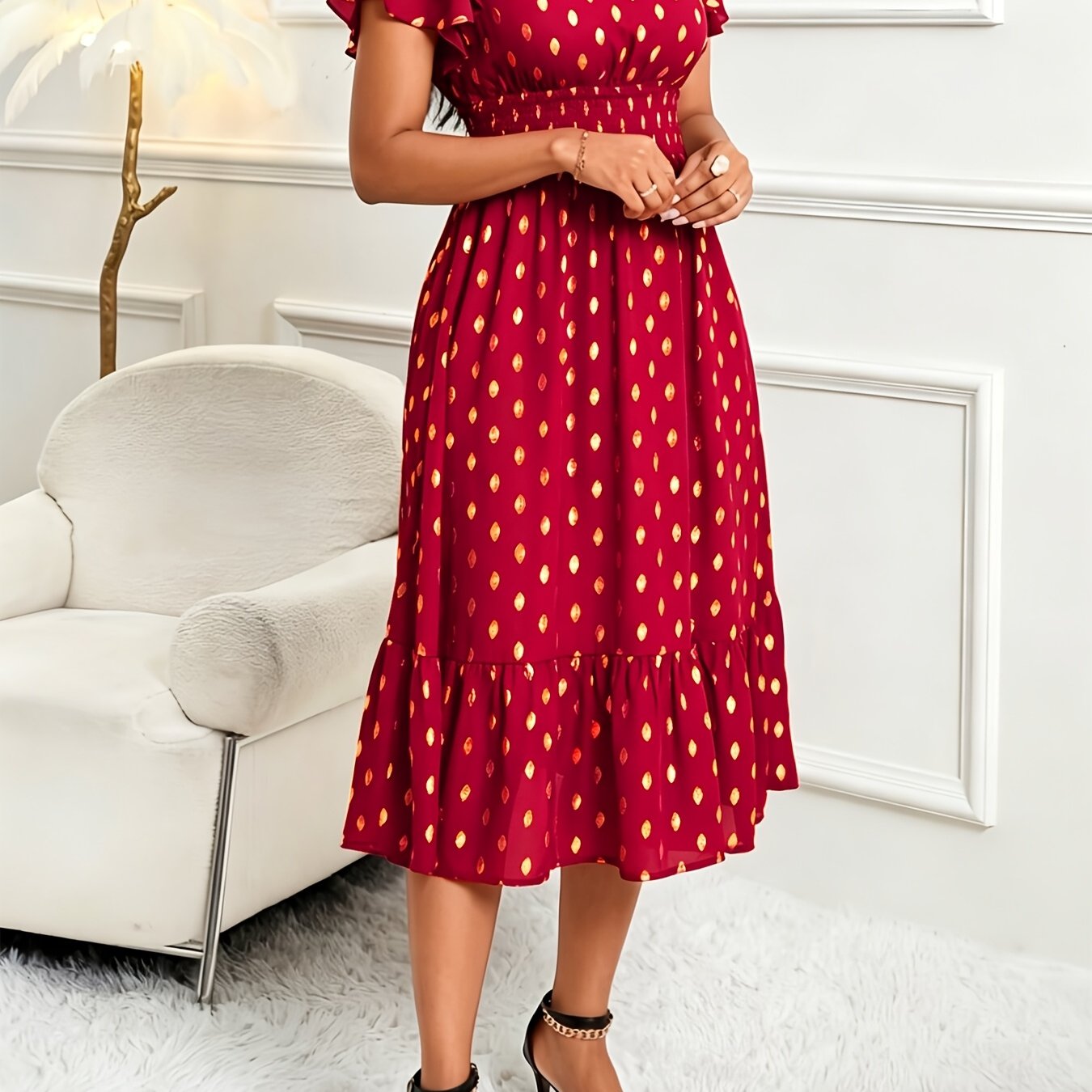 Elegant Polka Dot Midi Dress for Women with V Neck Flutter Sleeve Smocked Waist Ruffle Hem Style