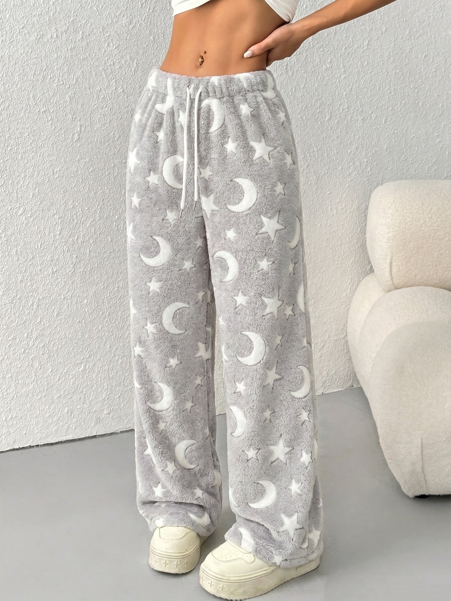 Comfortable Star Moon Print Fleece Pajama Pants for Women with High Waist Drawstring Wide Leg Cozy Style