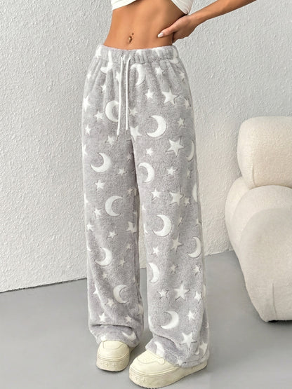 Comfortable Star Moon Print Fleece Pajama Pants for Women with High Waist Drawstring Wide Leg Cozy Style
