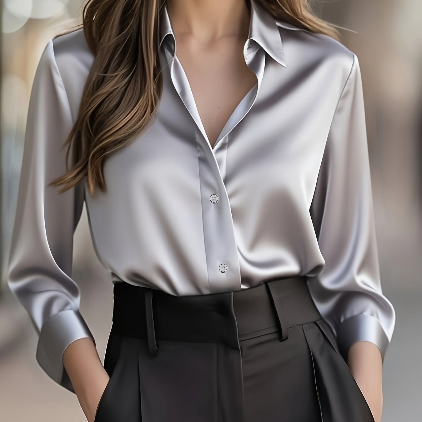 Elegant Satin Blouse for Women with Notched Collar Long Sleeve Button Front Silky Style