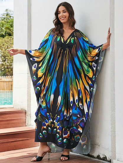 Elegant Multicolor Peacock Print Kaftan Maxi Dress for Women with V Neck Batwing Sleeve Flowing Bohemian Style