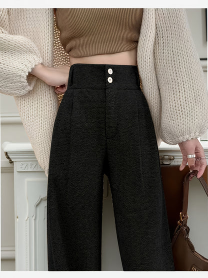 Effortless Herringbone Wide Leg Pants for Women with High Waist Button Front Pleated Tailored Style
