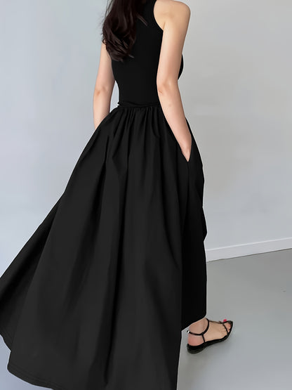 Elegant Black Maxi Dress for Women with Round Neck Sleeveless A Line Pocket Flowing Style