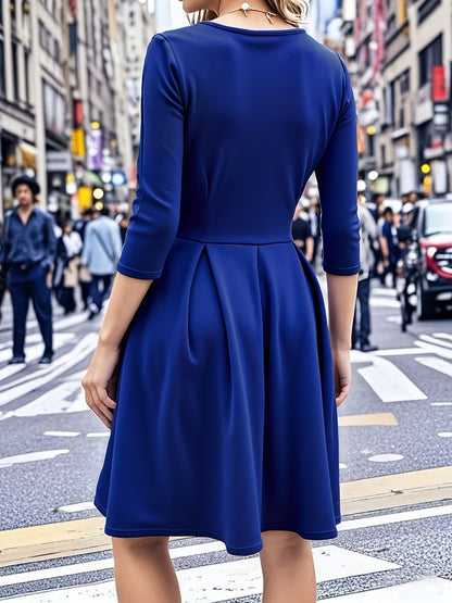 Elegant Royal Blue Midi Dress for Women with Sweetheart Neck Elbow Sleeve Pleated Fit and Flare Style