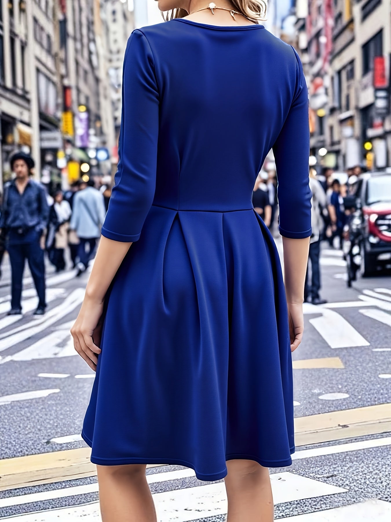 Elegant Royal Blue Midi Dress for Women with Sweetheart Neck Elbow Sleeve Pleated Fit and Flare Style