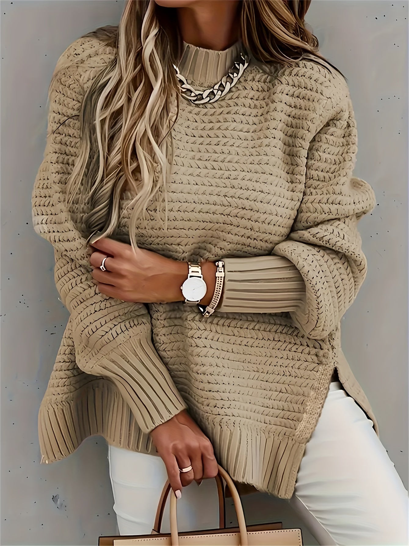 Comfortable Textured Knit Sweater for Women with Mock Neck Long Sleeve Side Slit Oversized Style