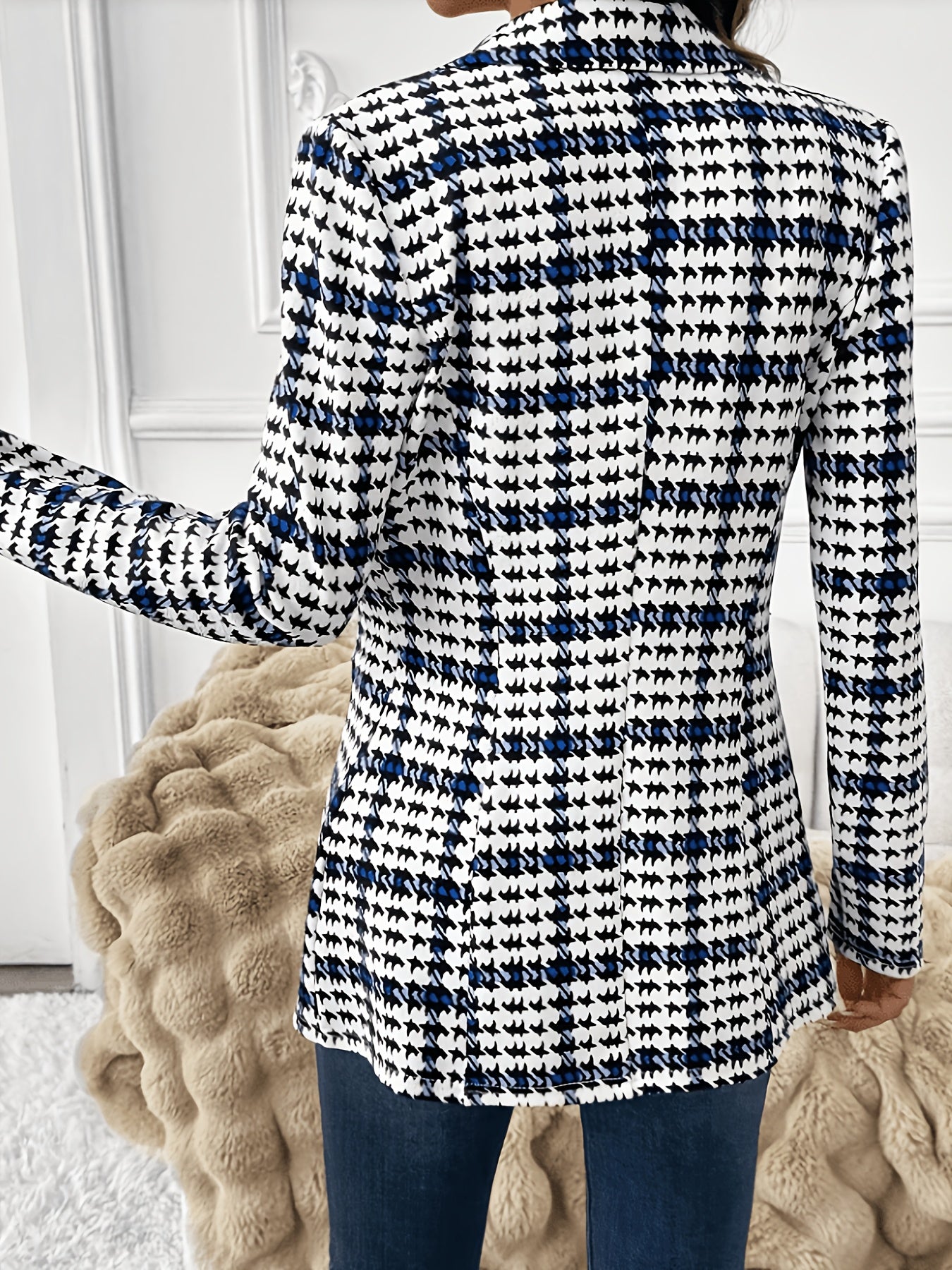 Elegant Black and Blue Houndstooth Blazer for Women with Notched Lapel Long Sleeve Open Front Tailored Style