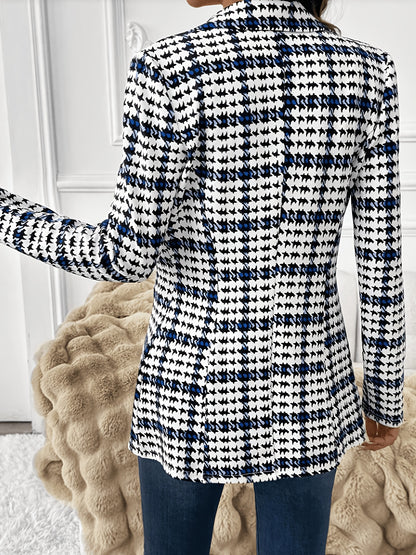 Elegant Black and Blue Houndstooth Blazer for Women with Notched Lapel Long Sleeve Open Front Tailored Style