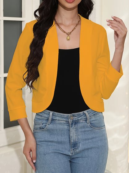 Effortless Cropped Knit Jacket for Women with Open Front Elbow Sleeve Relaxed Casual Style