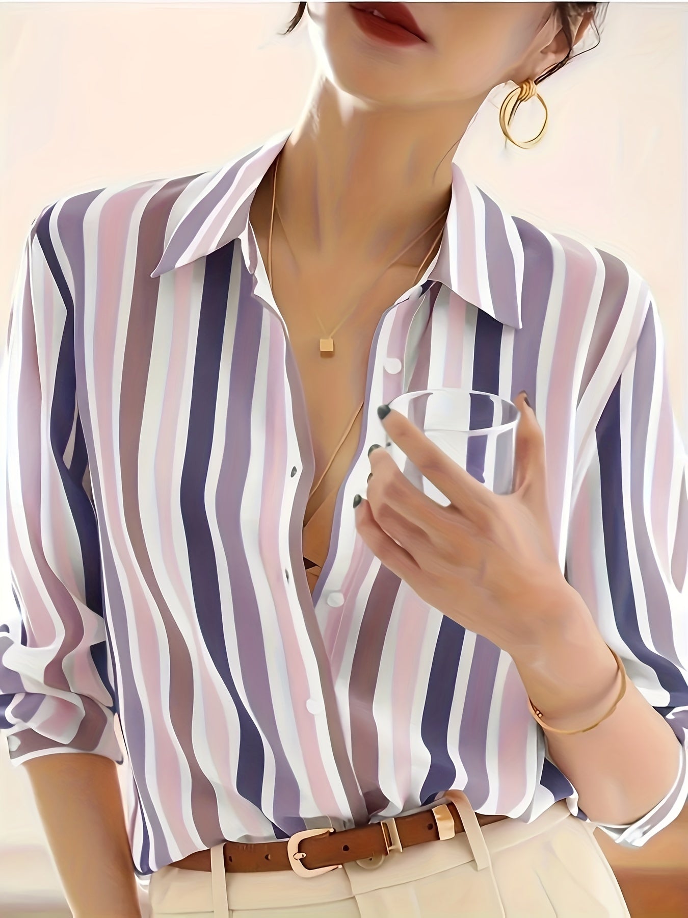 Elegant Striped Chiffon Blouse for Women with Collar Long Sleeve Button Front Relaxed Flowing Style