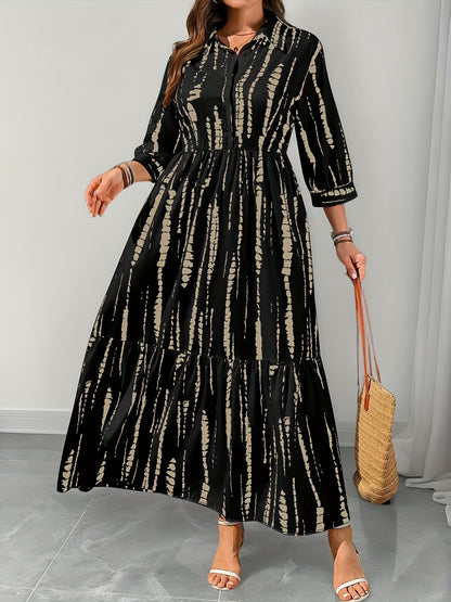 Elegant Black Tie Dye Maxi Shirt Dress for Women with Collar Elbow Sleeve Tiered Button Front Flowing Style