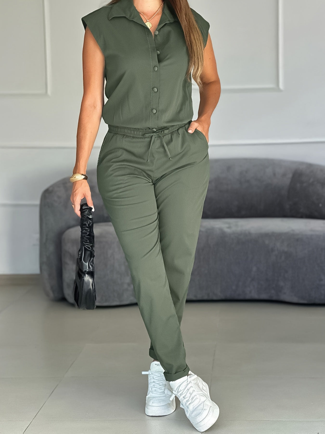 Elegant Army Green Jumpsuit for Women with Collared Cap Sleeve Drawstring Waist Tapered Style