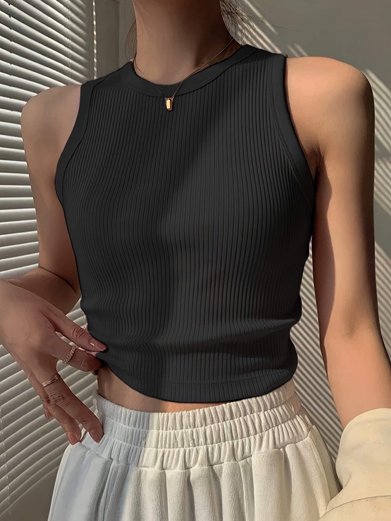 Effortless Ribbed Crop Top for Women with Crew Neck Sleeveless Racerback Fitted Tank Style