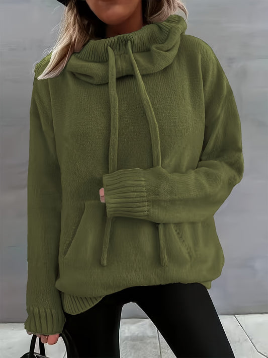 Comfortable Cowl Neck Sweater for Women with Drawstring Long Sleeve Kangaroo Pocket Oversized Knit Style