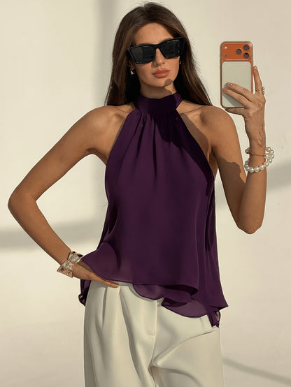 Elegant Purple Chiffon Halter Top for Women with High Neck Sleeveless Flowing Asymmetric Style