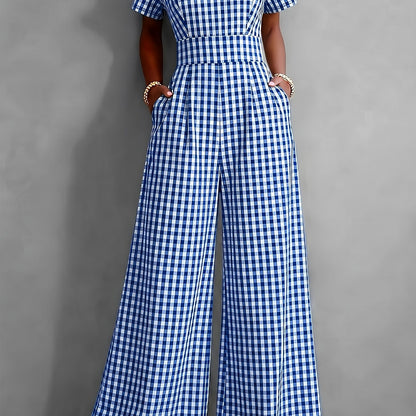 Effortless Gingham Wide Leg Jumpsuit for Women with V Neck Short Sleeve Fitted Waist Pocket Style