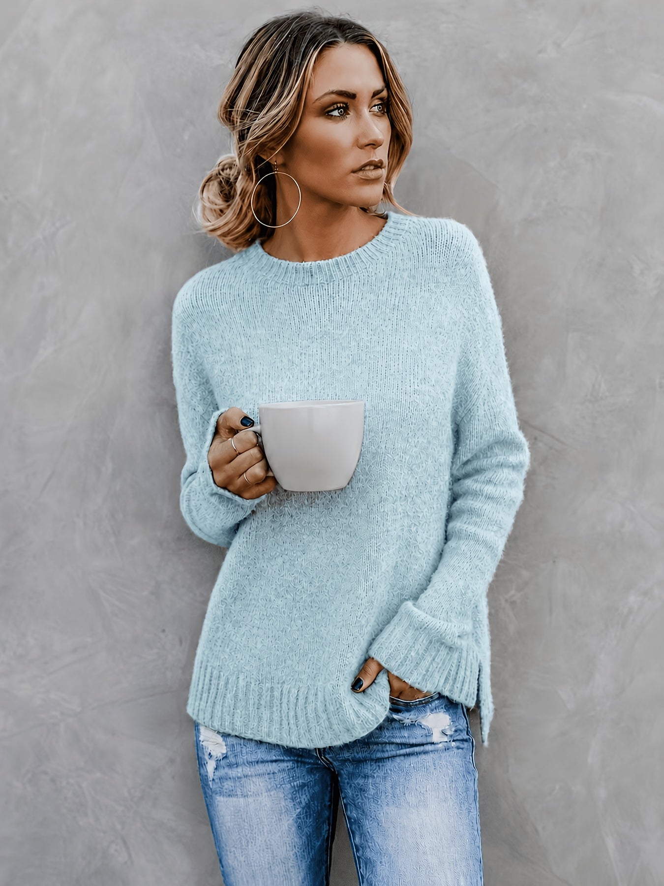 Comfortable Heathered Knit Sweater for Women with Crew Neck Bell Sleeve Side Slit Relaxed Oversized Style