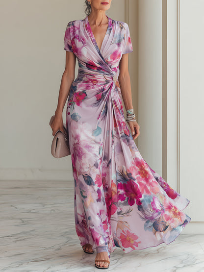 Elegant Floral Wrap Maxi Dress for Women with V Neck Short Sleeve Ruched Waist Formal Wedding Guest Style