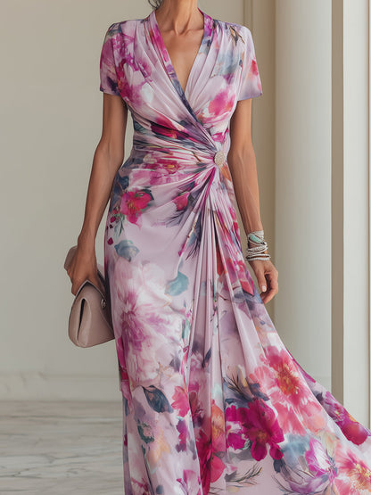 Elegant Floral Wrap Maxi Dress for Women with V Neck Short Sleeve Ruched Waist Formal Wedding Guest Style