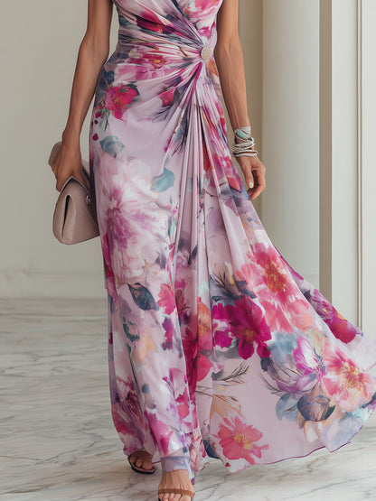 Elegant Floral Wrap Maxi Dress for Women with V Neck Short Sleeve Ruched Waist Formal Wedding Guest Style