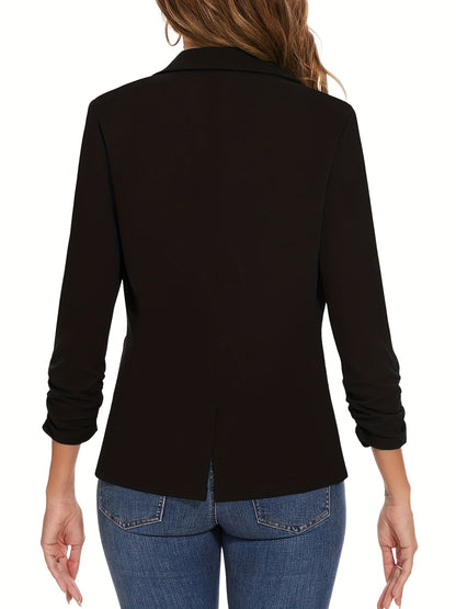 Elegant Black Blazer for Women with Notched Lapel Long Sleeve Ruched Cuff Tailored Style