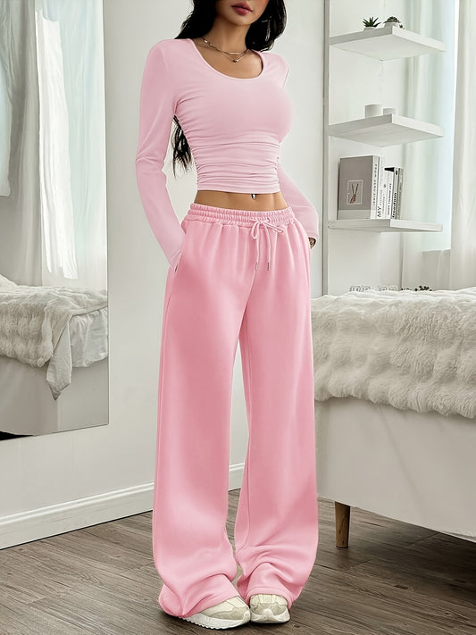 Effortless Wide Leg Set for Women with Scoop Neck Long Sleeve Ruched Drawstring Two Piece Style