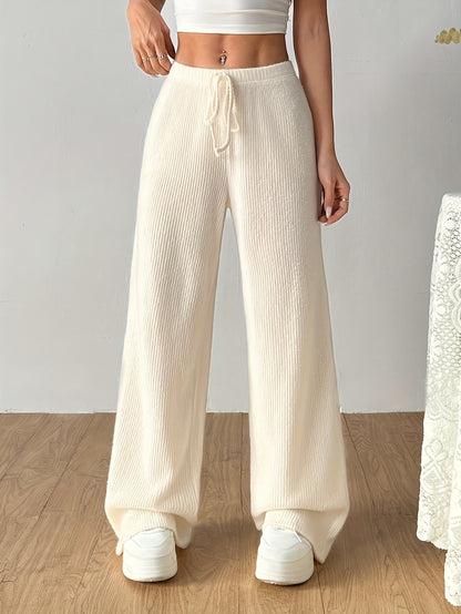 Effortless Ribbed Wide Leg Pants for Women with High Waist Drawstring Relaxed Flowing Casual Style