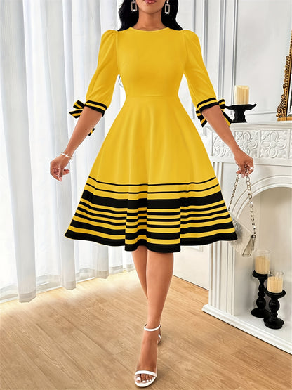 Elegant Border Print Midi Dress for Women with Round Neck Bubble Sleeve Bow Tie Flowing Style