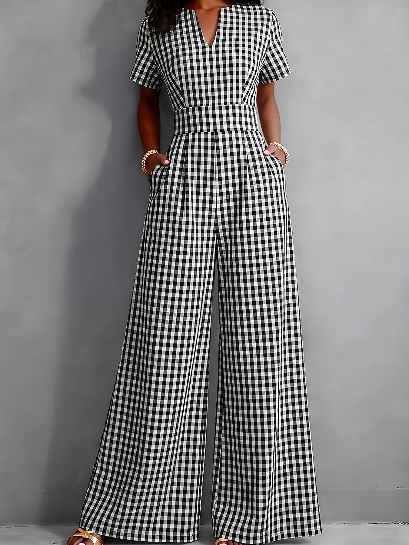 Effortless Gingham Wide Leg Jumpsuit for Women with V Neck Short Sleeve Fitted Waist Pocket Style