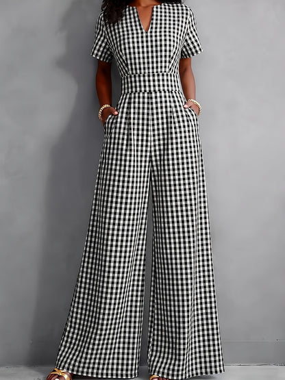Effortless Gingham Wide Leg Jumpsuit for Women with V Neck Short Sleeve Fitted Waist Pocket Style