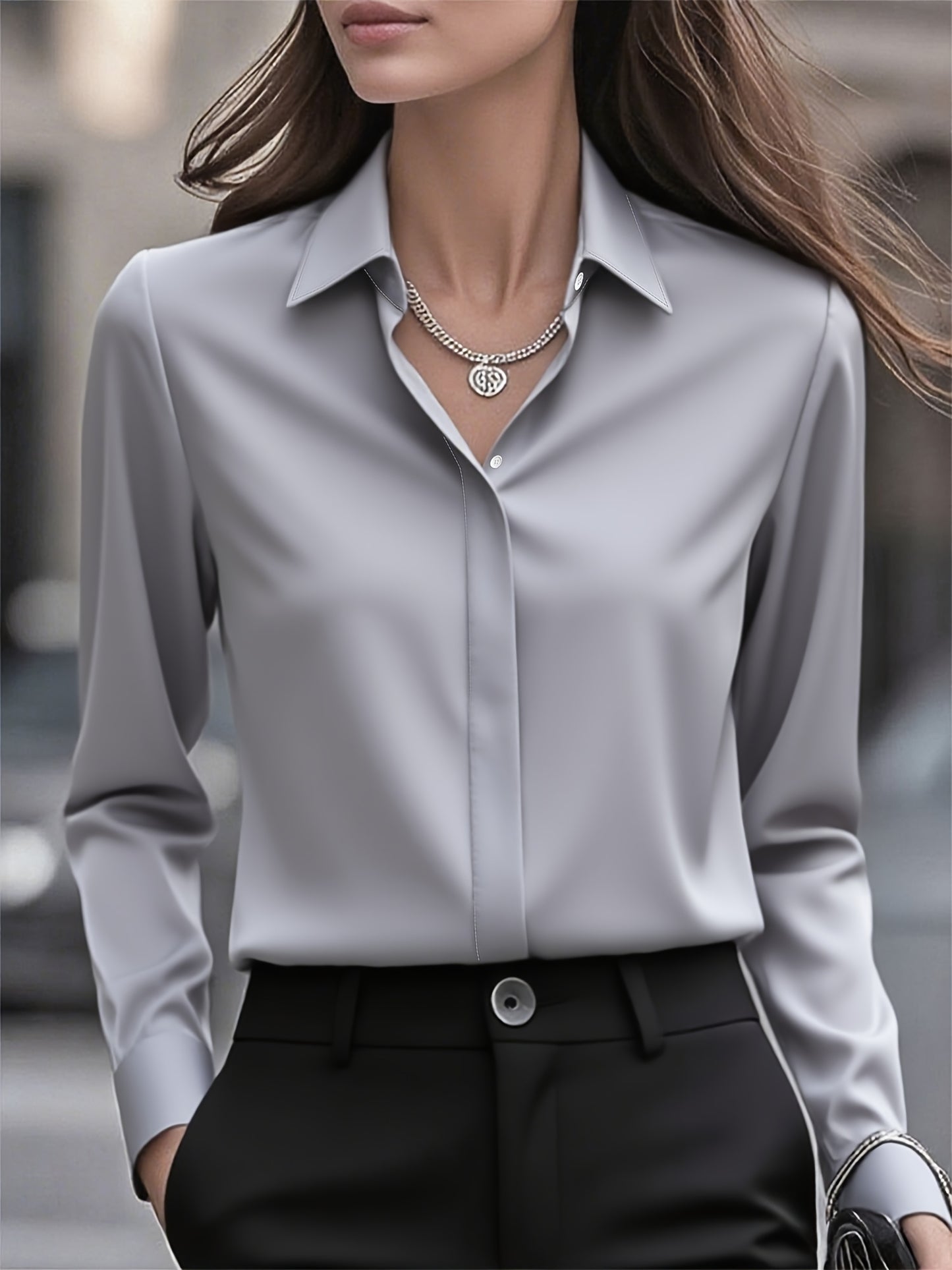 Elegant Satin Blouse for Women with Collar Long Sleeve Button Front Relaxed Silky Style