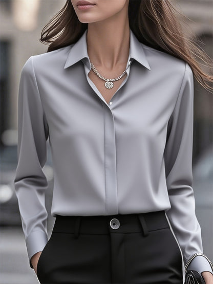 Elegant Satin Blouse for Women with Collar Long Sleeve Button Front Relaxed Silky Style