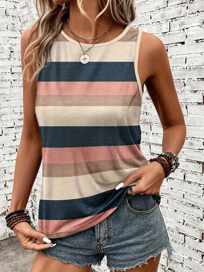 Effortless Colorblock Striped Tank Top for Women with Crew Neck Sleeveless Relaxed Casual Style