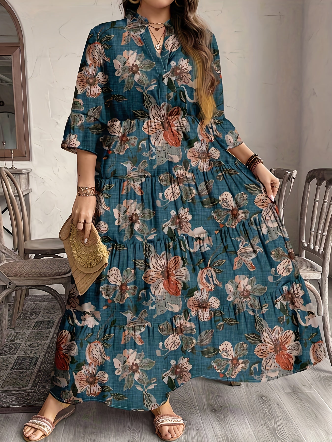 Effortless Multicolor Floral Maxi Dress for Women with V Neck Elbow Sleeve Tiered Ruffle Bohemian Style