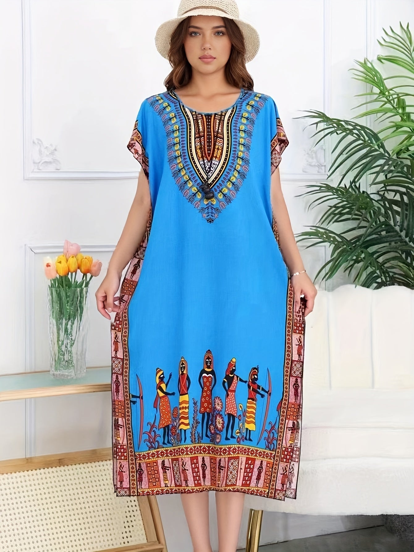 Effortless Tribal Print Kaftan Dress for Women with V Neck Short Sleeve Embroidered Flowing Bohemian Style