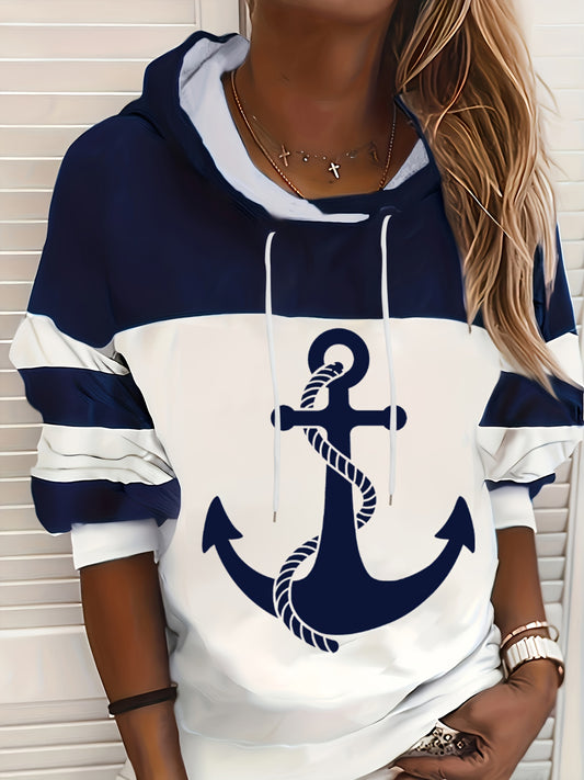 Comfortable Navy Anchor Print Hoodie for Women with Drawstring Hood Long Sleeve Colorblock Oversized Style