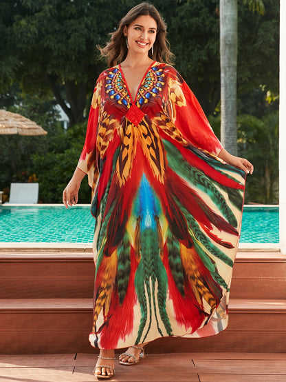 Elegant Multicolor Feather Print Kaftan Maxi Dress for Women with V Neck Batwing Sleeve Embellished Flowing Style
