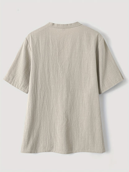 Effortless Textured Linen Blouse for Women with Notch V Neck Short Sleeve Button Front Relaxed Style