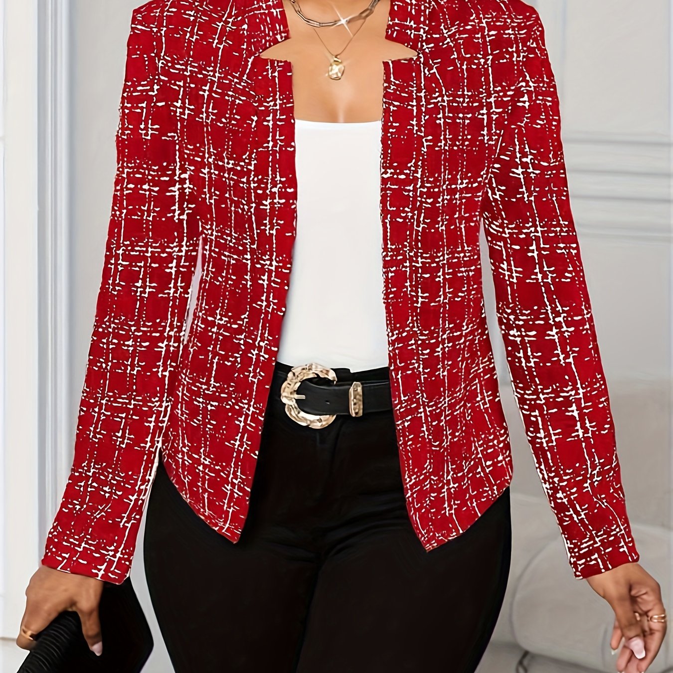 Elegant Tweed Plaid Blazer for Women with Notched Collar Long Sleeve Open Front Asymmetric Hem Casual Style