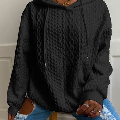 Plus Size Casual Hoodie, Women's Plus Solid Ribbed Long Sleeve Slight Stretch Hoodie Drawstring Sweatshirt