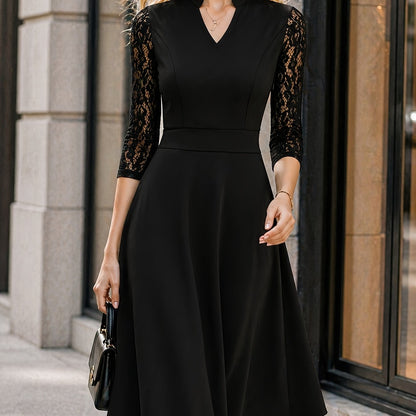 Elegant Lace Midi Dress for Women with Notch Neck Three Quarter Sleeve Fit and Flare Cocktail Style