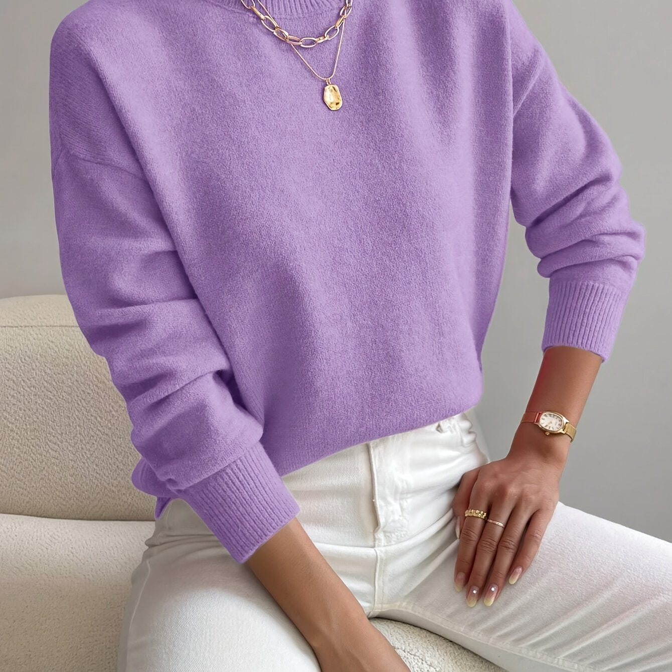 Comfortable Ribbed Sweater for Women with High Neck Long Sleeve Relaxed Oversized Knit Style