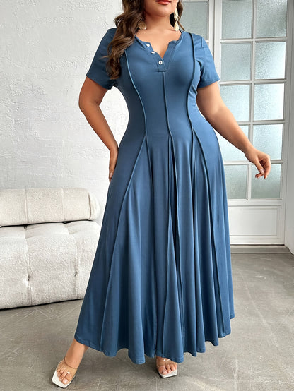 Elegant Peacock Blue Maxi Dress for Women with Notched Neck Short Sleeve Button Placket Flowing Style